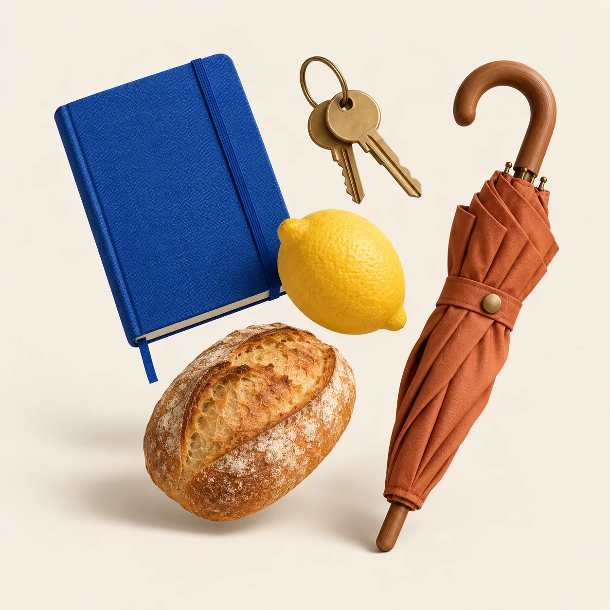 Zeszyt, klucze, cytryna, chleb i parasol — codzienne przedmioty, które przywołują wspomnienia.